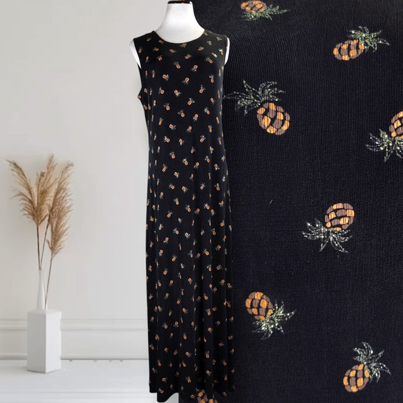 Ronni Nicole Pineapple Print Sleeveless Maxi Dress Black Stretch Knit Size 14